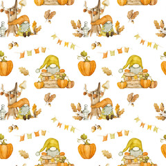 gnome, dwarf, harvest, leaf, drawing, watercolor, illustration, seamless, pattern, autumn, thanksgiving, art, character, hat, card, cute, cartoon, fall, elf, funny, scandinavian, nordic, design, fairy