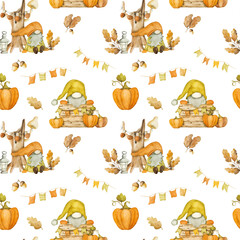 Fototapeta premium gnome, dwarf, harvest, leaf, drawing, watercolor, illustration, seamless, pattern, autumn, thanksgiving, art, character, hat, card, cute, cartoon, fall, elf, funny, scandinavian, nordic, design, fairy
