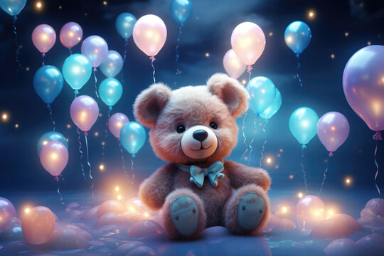Teddybär mit rosa und hellblauen Luftballons für Geburtstag Feier
