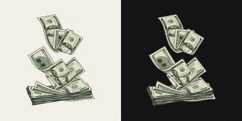 Falling, flying from above 100 dollar banknotes into stack dollar bills. Pile of cash money. Color isolated vector illustration in vintage style.