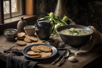 rustic table setting with a bowl of chowder and crackers