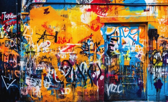 Walls in the form of collage work in the style of spray paint art covered with graffiti of different colors and styles.