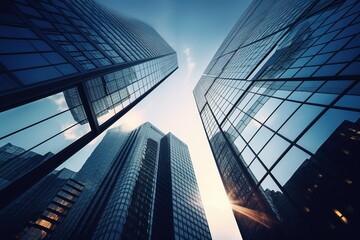 Fototapeta na wymiar Reflective skyscraper business office buildings. Bottom up view of big modern city urban landscape generative AI