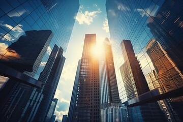 Reflective skyscraper business office buildings. Bottom up view of big modern city urban landscape generative AI