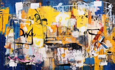 Walls in the form of collage work in the style of spray paint art covered with graffiti of...