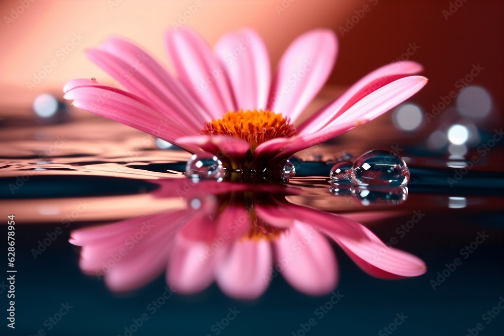 Poster generative ai : beautiful big drop of water on a petal of a pink chrysanthemum flower with summer sp