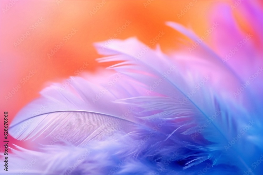 Poster generative ai : airy soft fluffy feather closeup of macro of blue and pink pastel shades on white ba