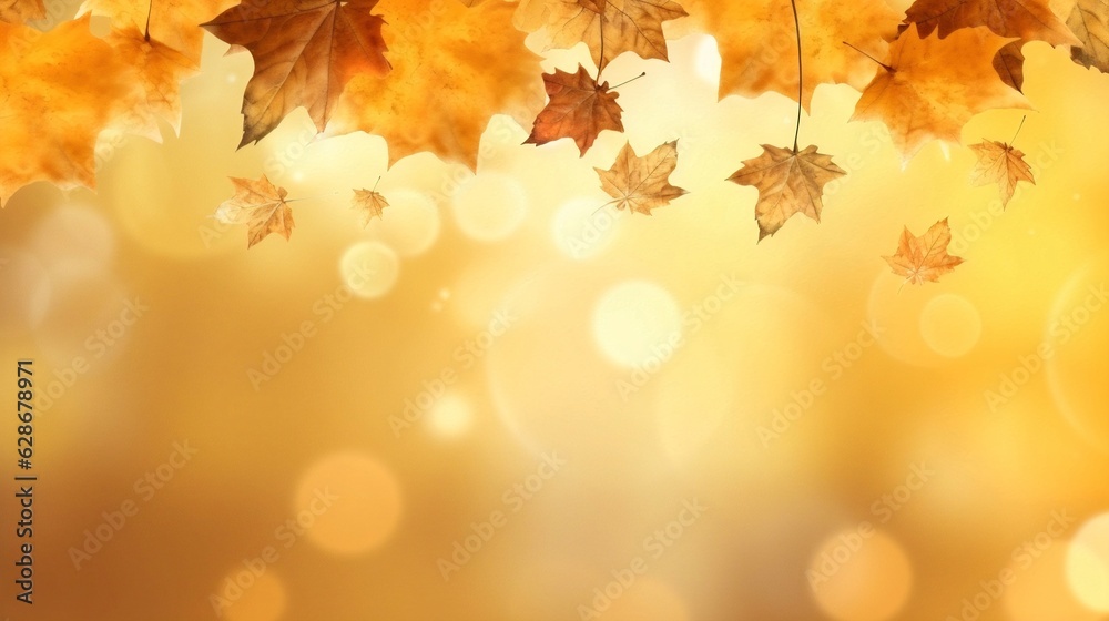 Poster Generative AI : Autumn background of maple transparent leaves of golden and green color of gentle tones Set of many golden glowing maple leaves autumn pattern for text