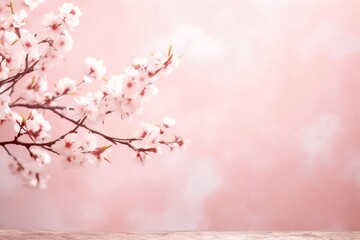 Fototapeta premium Generative AI : Artistic image of spring nature is frame of crowns of a blossoming sakura tree against a pink sky background Copy space