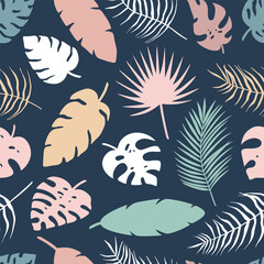 Seamless pattern of different tropical palm leaves, jungle Monstera, banana leaves. Exotic collection of silhouette plant. Botanical vector illustration for greeting card, wrapping paper, fabric