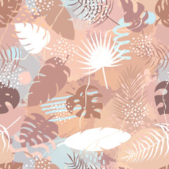 Abstract seamless pattern of tropical palm leaves, jungle Monstera, banana leaves and brush shape. Exotic silhouette plant with grunge texture. Botanical vector illustration for wrapping paper, fabric