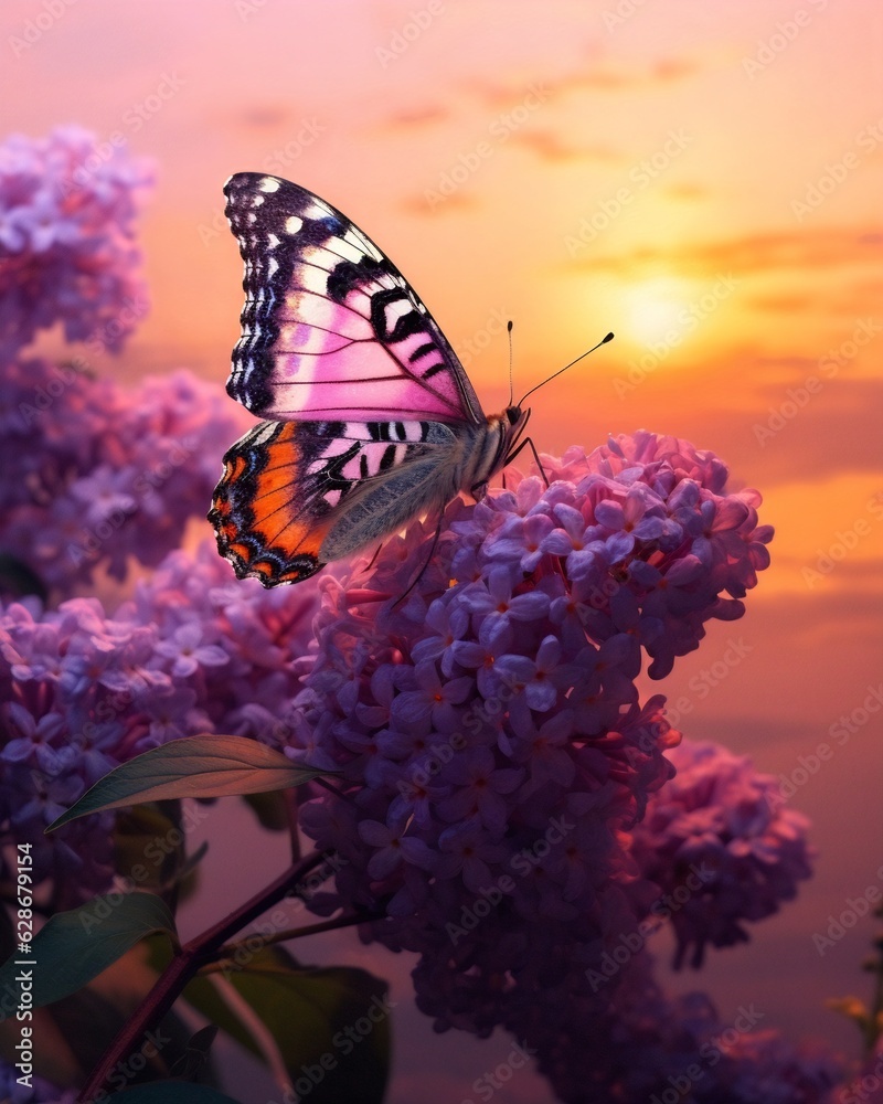 Poster generative ai : beautiful atmospheric depiction of hydrangea flowers and yellow butterfly sitting on