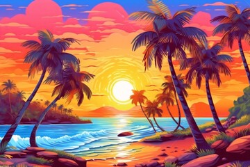 Generative AI : Beautiful tropical landscape colorful sunset with a silhouette of a palm tree over the ocean beach Maldives island