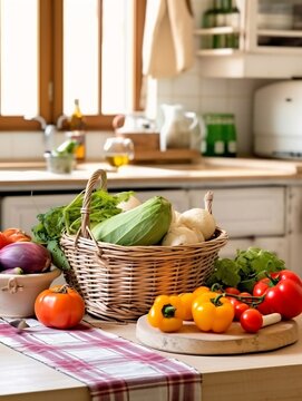 Generative AI : Composition with variety of fresh organic juicy vegetables on white wooden table in a basket on a light texture background Assortment of fresh colorful vegetables