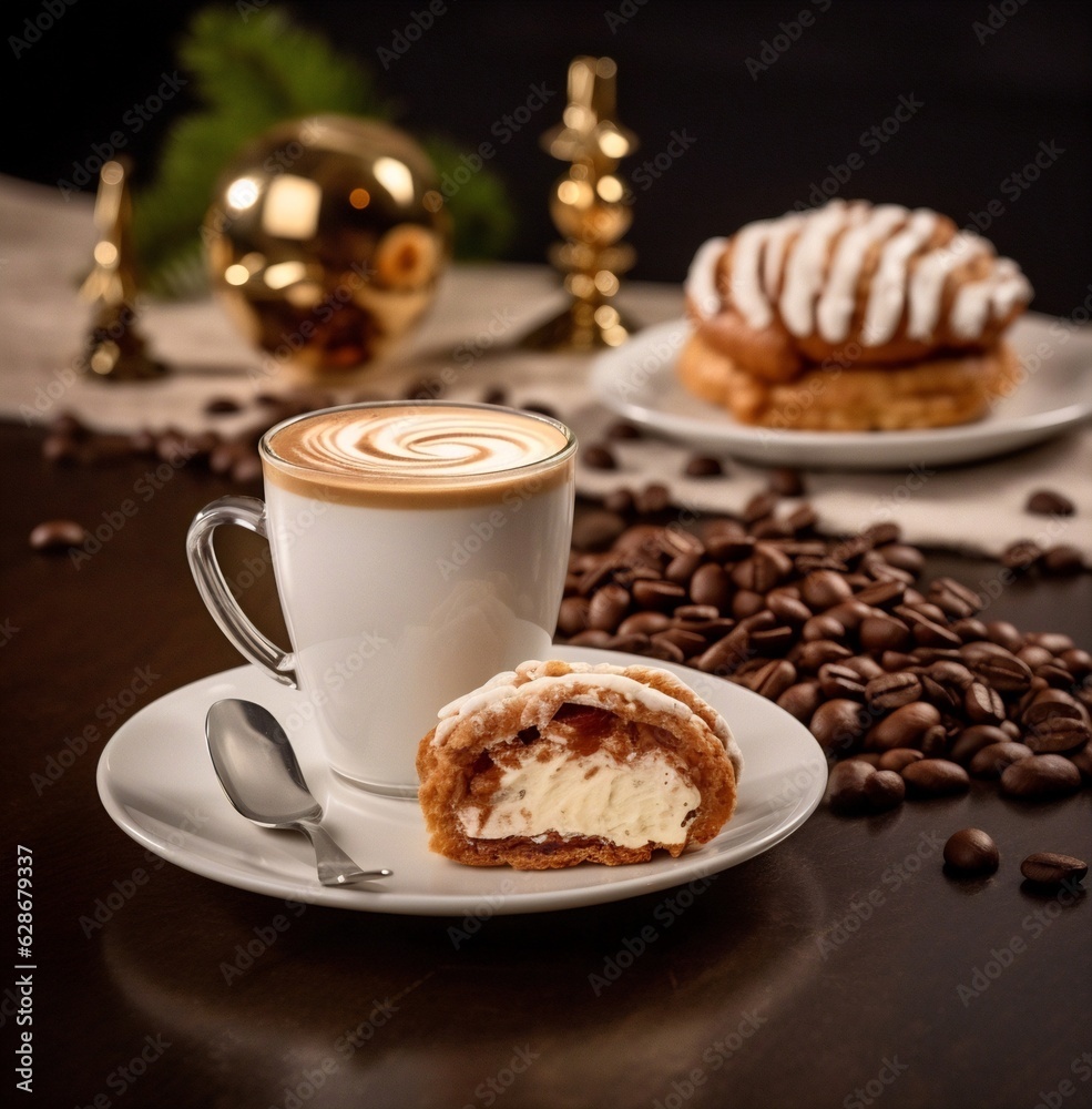 Aufkleber generative ai : a cup of hot coffee with foam and chocolate sweets on the table beautiful compositio