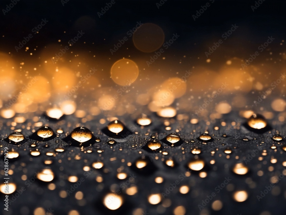 Poster Generative AI : Abstract golden and brown background with shiny brilliant water drops dew or rain on the glass with round bokeh
