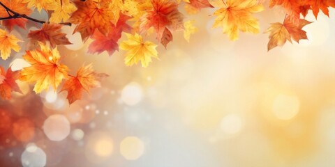 Naklejka na ściany i meble Generative AI : Autumn floral panoramic background Colorful yellow and red maple foliage on a sunny day Autumnal Park Autumn branches trees and leaves in nature free copy space
