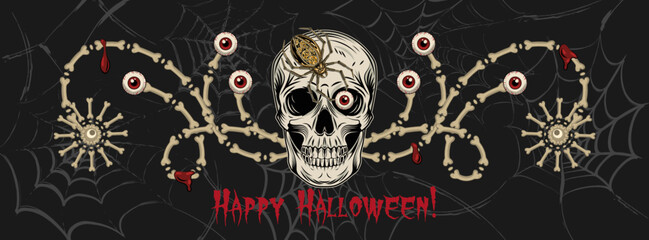 Halloween banner, border with human skull, spider, bones, creepy red eyeball, text. Dark background with distorted spiderweb. Horizontal holiday poster, header for website, social media
