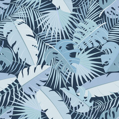 Seamless pattern of different tropical palm leaves, jungle Monstera, banana leaves. Exotic boho collection of plant. Botanical vector illustration for greeting card, wallpaper, wrapping paper, fabric