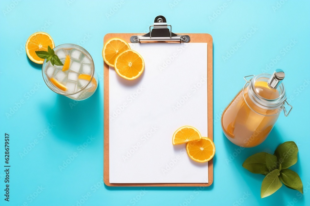 Aufkleber Generative AI : Cup of tea with a slice of lemon on a blue wooden table with pieces sugar and green blank label Background template border for design