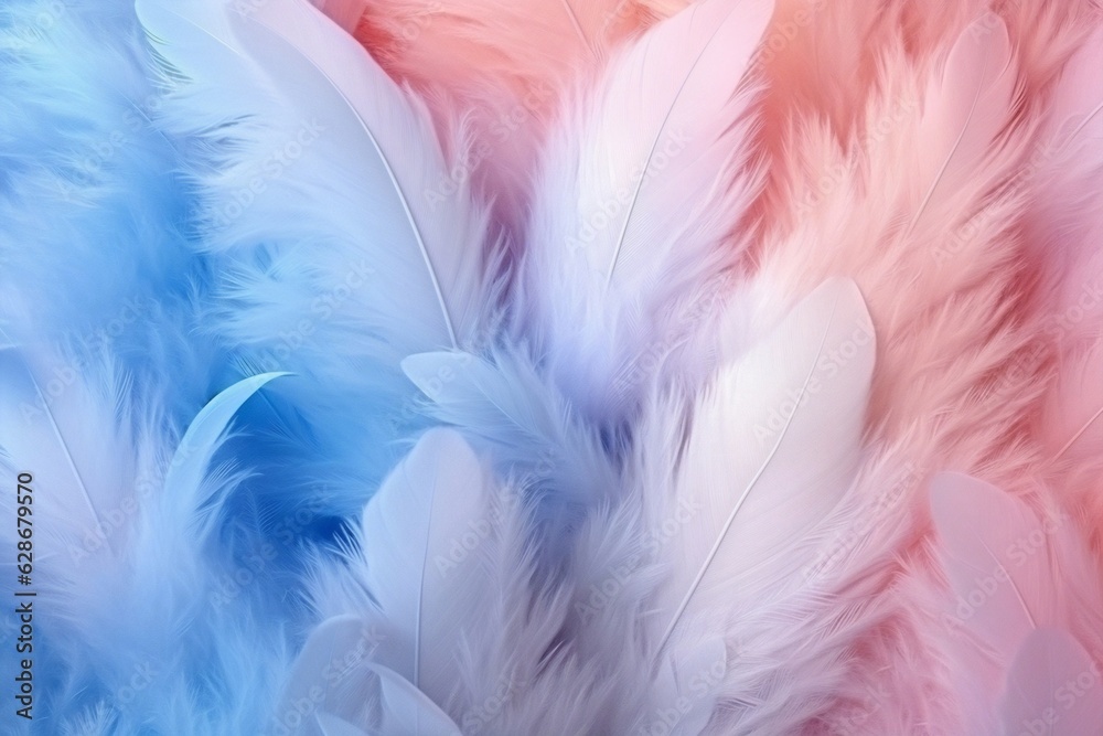 Poster generative ai : airy soft fluffy feather closeup of macro of blue and pink pastel shades on white ba