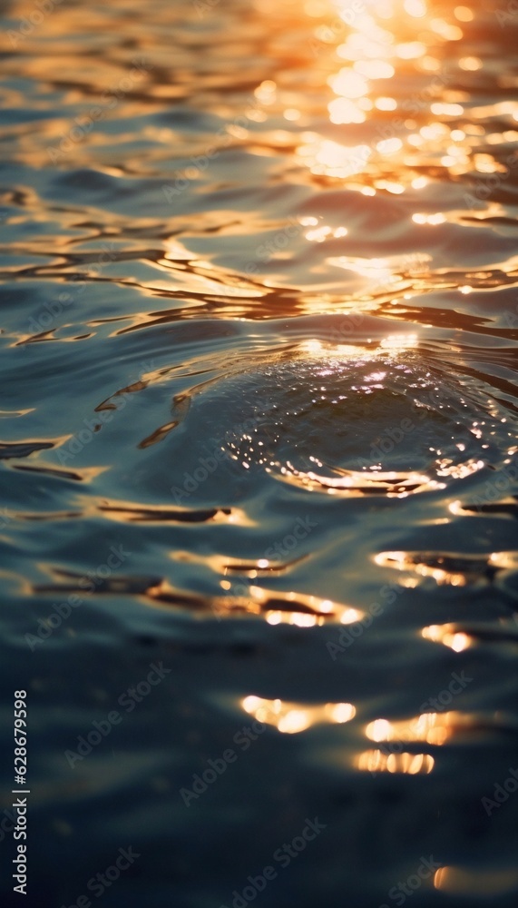 Poster Generative AI : Background of the transparent sea water sparkles in the sunlight Shining fresh blue water ripple turquoise and golden color