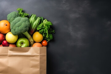 Grocery bag with vegetables and fruits, off-centered. Dark background. Generative AI