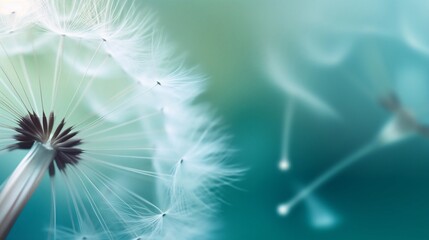 Generative AI : Dandelion seeds fly in the wind close up macro with soft focus on green and turquoise background Summer spring airy light dreamy background