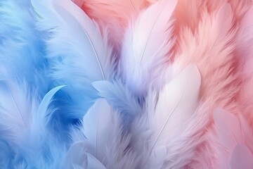 Generative AI : Airy soft fluffy feather closeup of macro of blue and pink pastel shades on white background with soft focus Abstract gentle natural background with feather