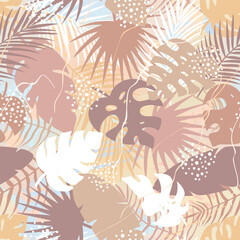 Abstract seamless pattern of tropical palm leaves, jungle Monstera, banana leaves and brush shape. Exotic silhouette plant with grunge texture. Botanical vector illustration for wrapping paper, fabric