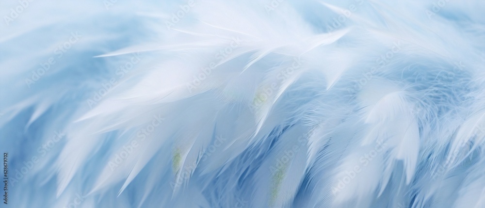 Aufkleber Generative AI : Airy soft fluffy white feathers closeup of macro pastel blue shades on white background soft focus Abstract gentle natural background Texture bird feather with copy space