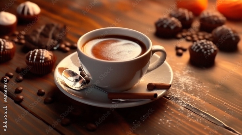 Aufkleber Generative AI : Cup coffee on brown wooden table with chocolates Sugar and cinnamon sprinkled on table Beautiful original art composition image Background template for menu of cafes and bars