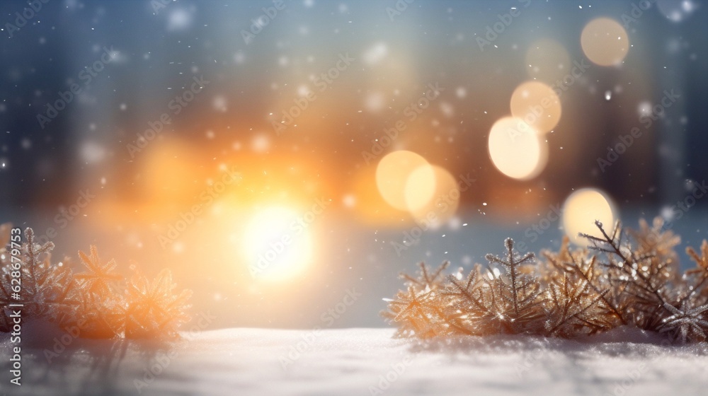Aufkleber generative ai : beautiful background image with small snowdrifts closeup and blurry holiday lights