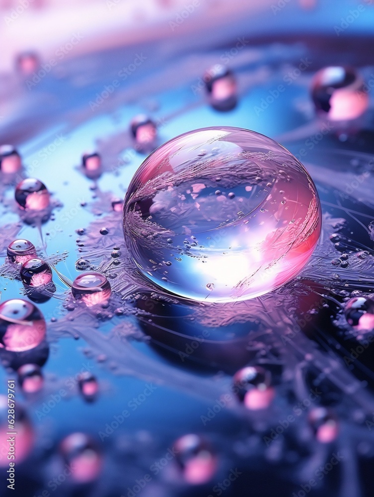 Aufkleber Generative AI : Beautiful clean transparent bright drop of water on smooth surface in blue and pink colors macro Creative image of beauty of environment and nature