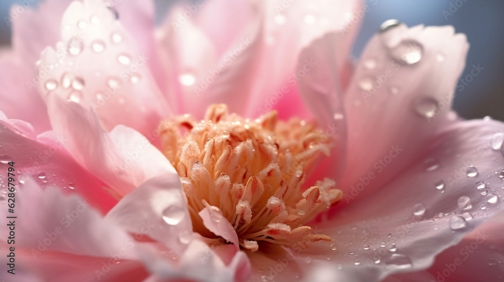 Poster generative ai : beautiful transparent drop of water or dew with sun glare on petal of pink peony flo