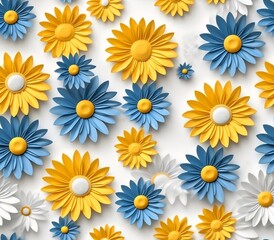 Generative AI : Concept of spring in nature White and yellow frech forest flowers in many blue paper cups on white wooden board with copy space