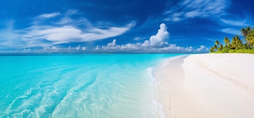 Generative AI : Beautiful beach with white sand turquoise ocean blue sky with clouds and palm tree over the water on a Sunny day Maldives perfect tropical landscape ultra wide format