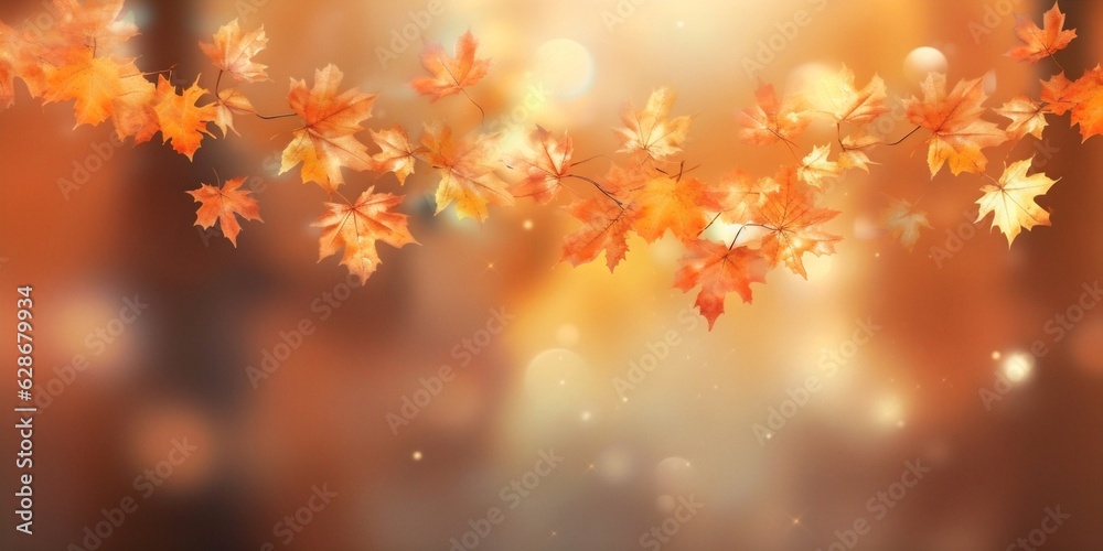 Poster Generative AI : Autumn background with border of orange gold and red maple leaves on nature on background of sunlight with soft blurred beautiful bokeh