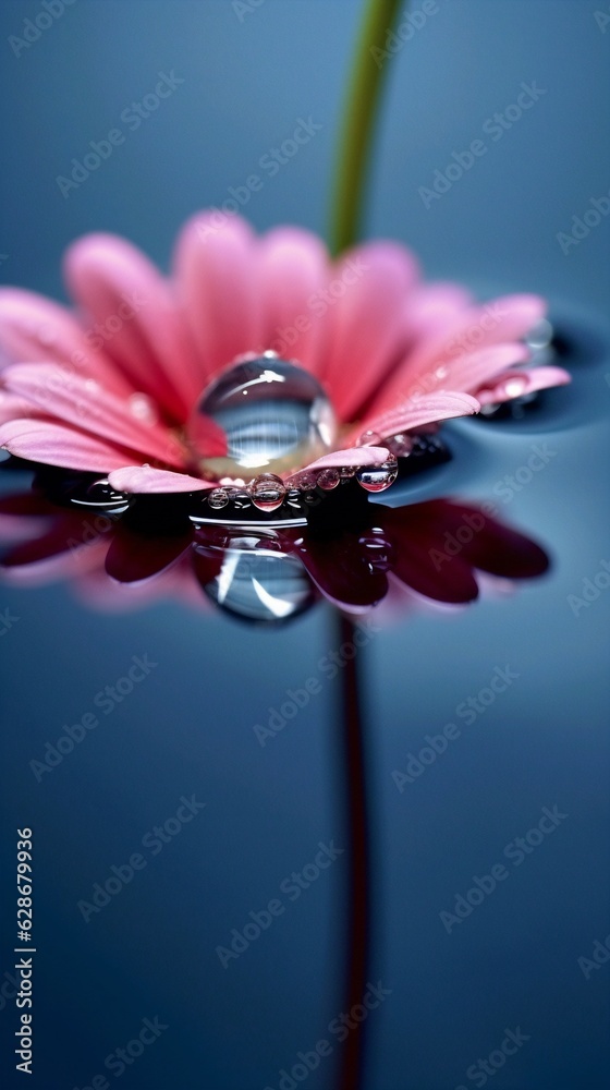 Poster generative ai : beautiful big drop of water on a petal of a pink chrysanthemum flower with summer sp