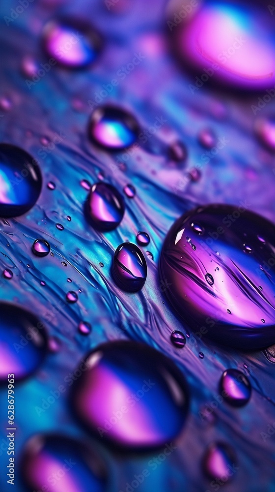 Poster generative ai : beautiful large transparent water drops or rain water on blue purple turquoise soft 