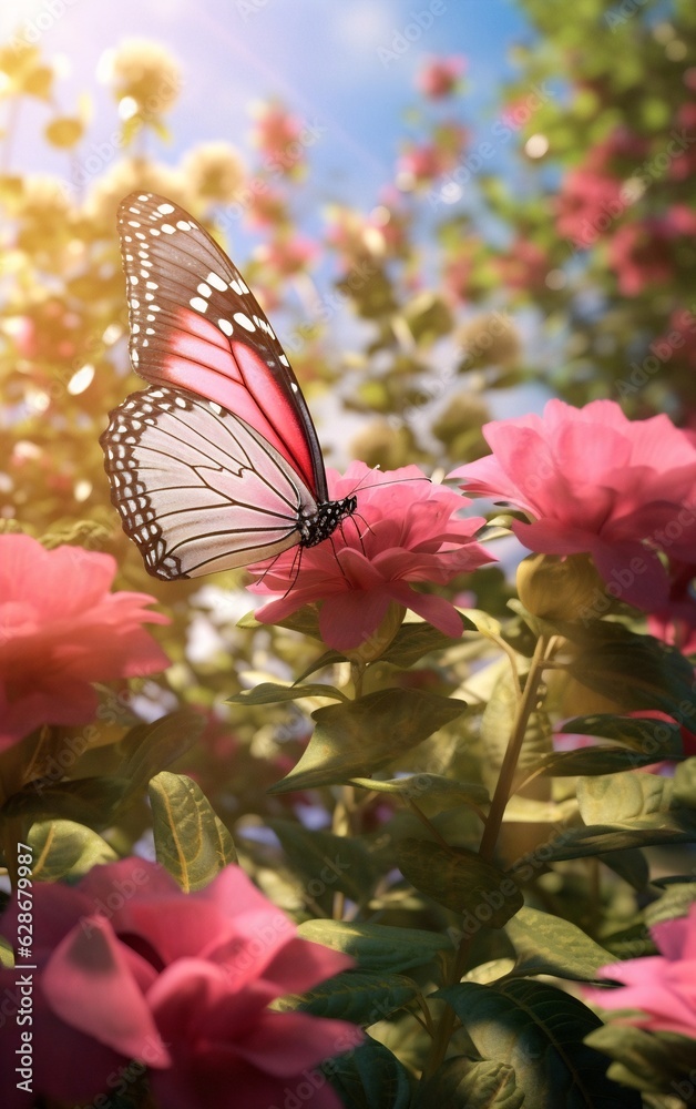 Poster generative ai : beautiful atmospheric depiction of hydrangea flowers and yellow butterfly sitting on
