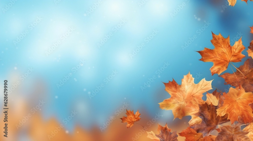 Poster generative ai : autumn floral panoramic background colorful yellow and red maple foliage on a sunny 