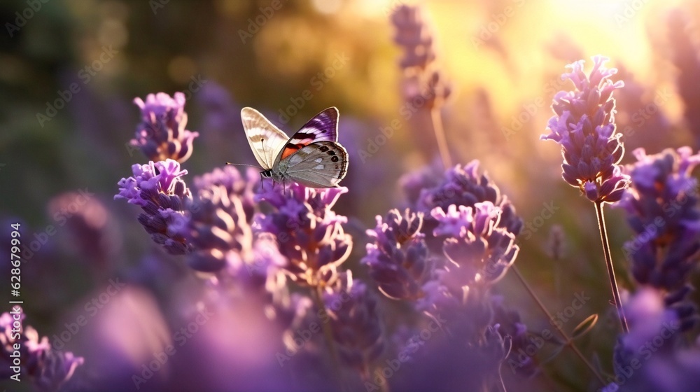 Poster generative ai : amazing beautiful colorful natural scenery lavender flowers and two butterfly in ray