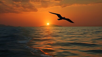 Fototapeta na wymiar Generative AI : A seagull is flying in the sky above the sea at dawn Beautiful sky with clouds at sunset