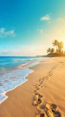 Obraz premium Generative AI : Blue sea wave and footprints on the golden sundrenched sand of the beach Background template for summer vacation