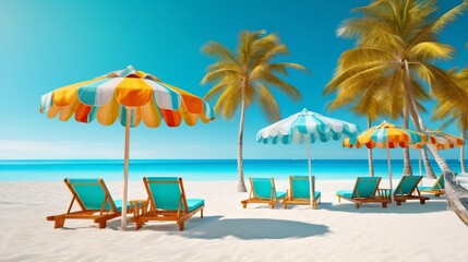 Fototapeta na wymiar Generative AI : Beautiful beach with white sand turquoise ocean and blue sky with clouds on Sunny day Summer tropical landscape with green palm trees and Straw umbrellas