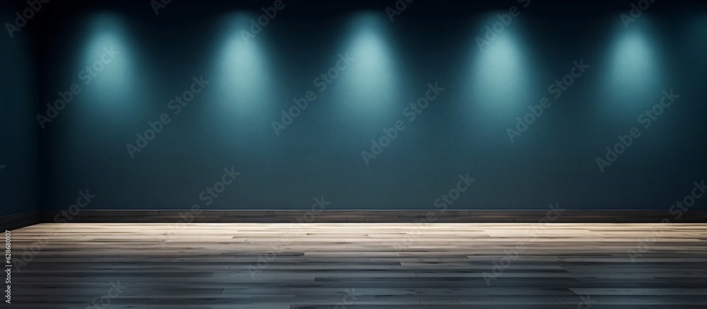 Poster Generative AI : Beautiful versatile backdrop for design and product presentation with blue wall light reflections and wooden floor