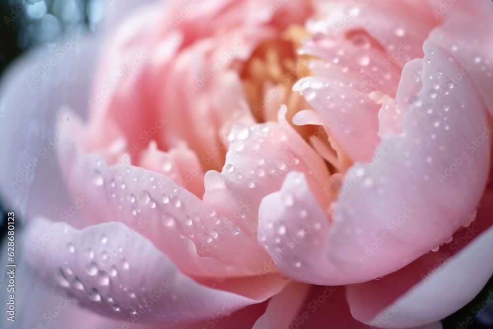 Poster generative ai : beautiful shiny water droplets on flower petal peony macro drops of dew on a pink pe