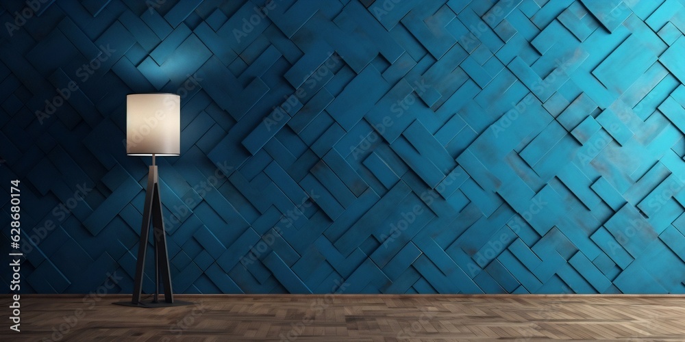 Poster Generative AI : Beautiful versatile backdrop for design and product presentation with blue wall light reflections and wooden floor