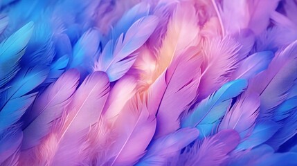 Fototapeta premium Generative AI : Background gentle airy texture of light feather with water drops macro Tinted blue pink and purple pastel colour Elegant romantic artistic image
